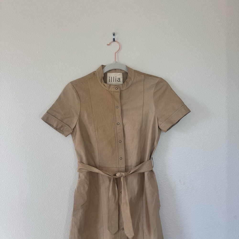 Illia Tan Beige 100% Genuine Leather Dress Belted Snap Front Sheath 6 S *Stains - Picture 2 of 13